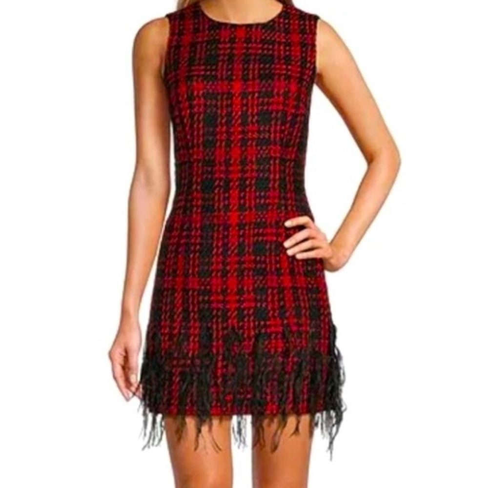 ANTONIO MELANI Irine Tweed Feather Sleeveless Sheath Dress Red Black Size 4 NWT